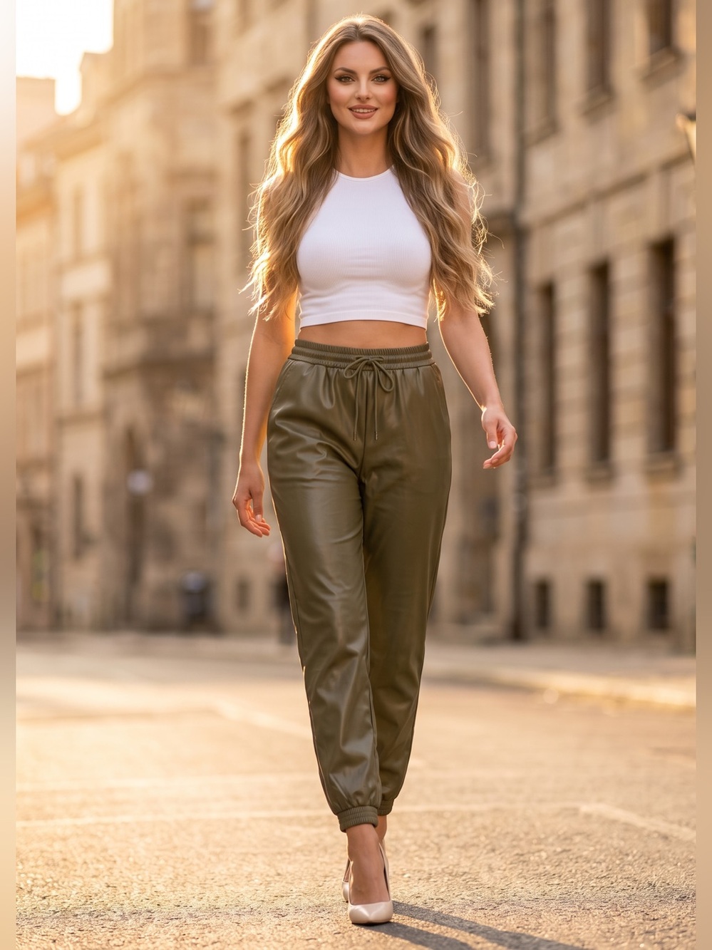 Olive Faux-Leather Jogger Pants for Women - Casual Track Style